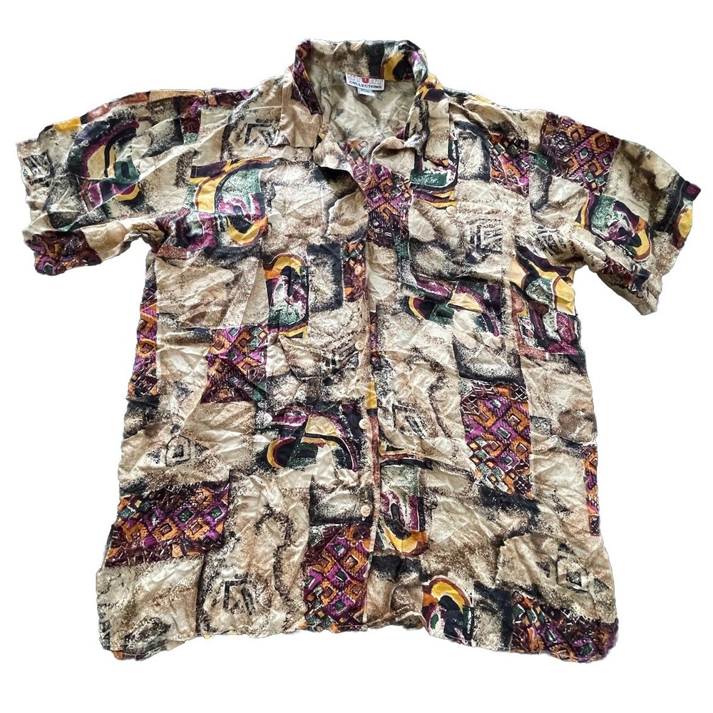 Stunt Collections Women's 1X 100% Silk Multicolor Button Up Shirt Abstract Retro